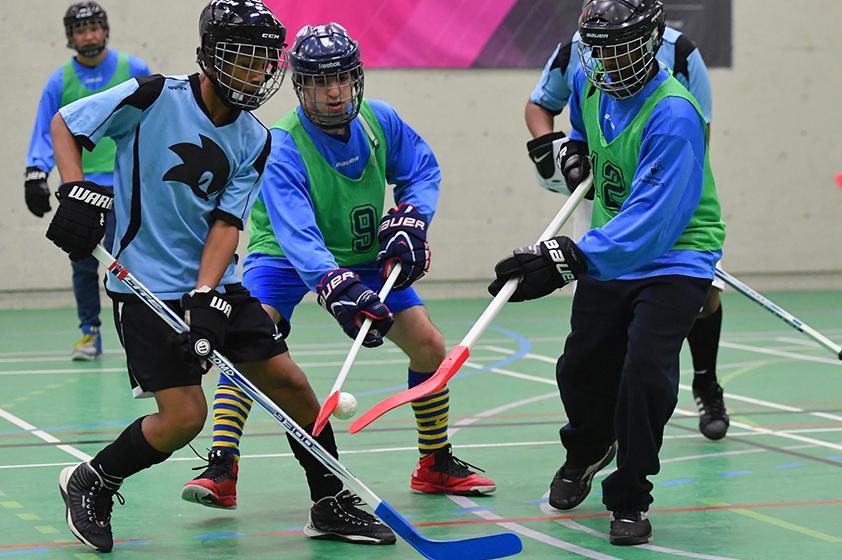De jeunes athlètes en action pendant un match de hockey balle. De jeunes athlètes en action pendant un match de hockey balle.
