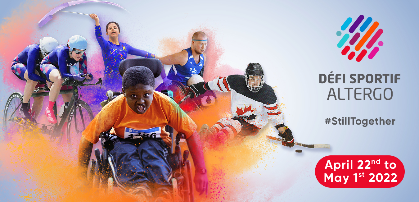 Affiche officielle du Défi sportif AlterGo 2022! On peut y voir des athlètes en action dans 5 disciplines différentes : Le paracyclisme, la gymnastique rythmique, le rugby en fauteuil, le parahockey et l’athlétisme.