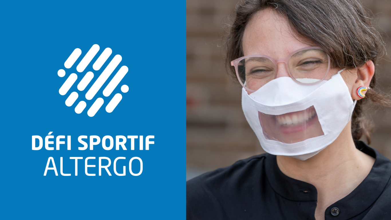 Logo du Défi sportif AlterGo sur fond bleu avec une photo d'une femme portant un masque.